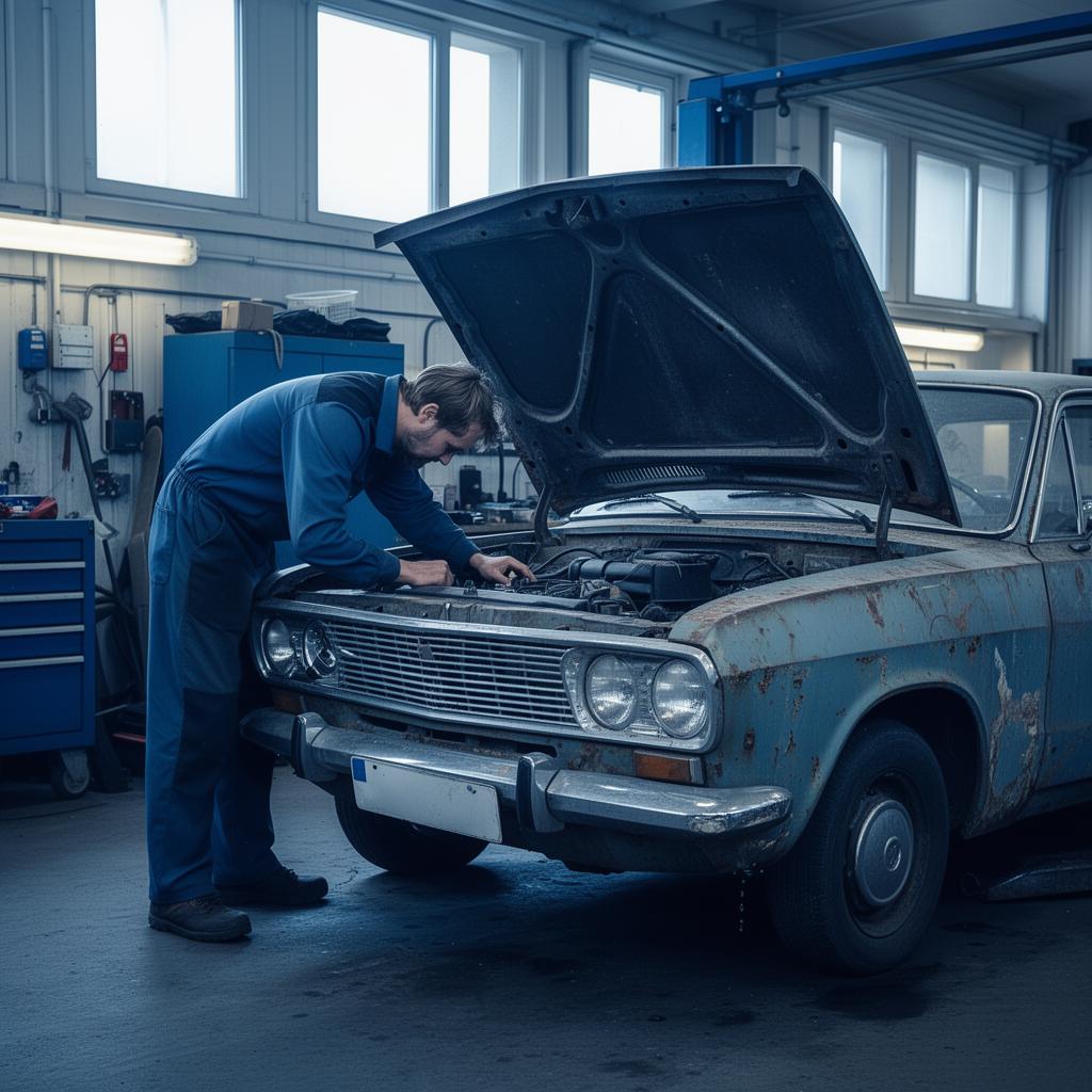 Mekaanikko tarkastaa rikkinäistä autoa — ostamme myös tekniset viat